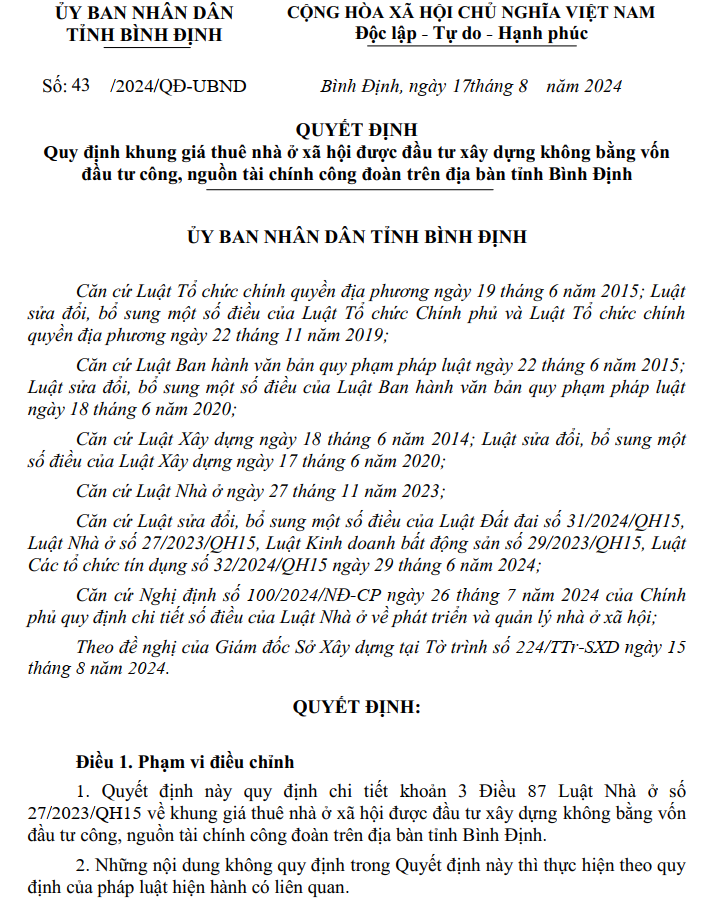 giá thuê nhà ở xã hội tỉnh bình định